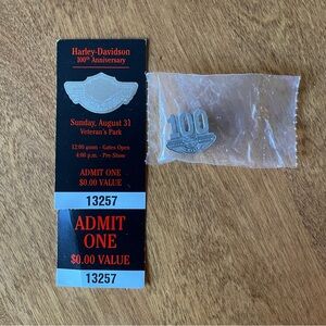 Harley-Davidson 100th Anniversary Silver Pin -New w/ Original Anniversary Ticket